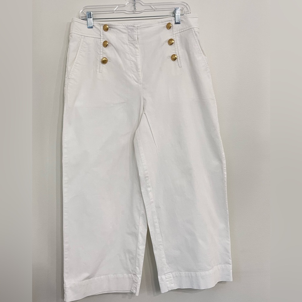 Talbots White Sailor Trousers Gold Buttons Ankle Cropped Wide Leg Pockets Sz 10